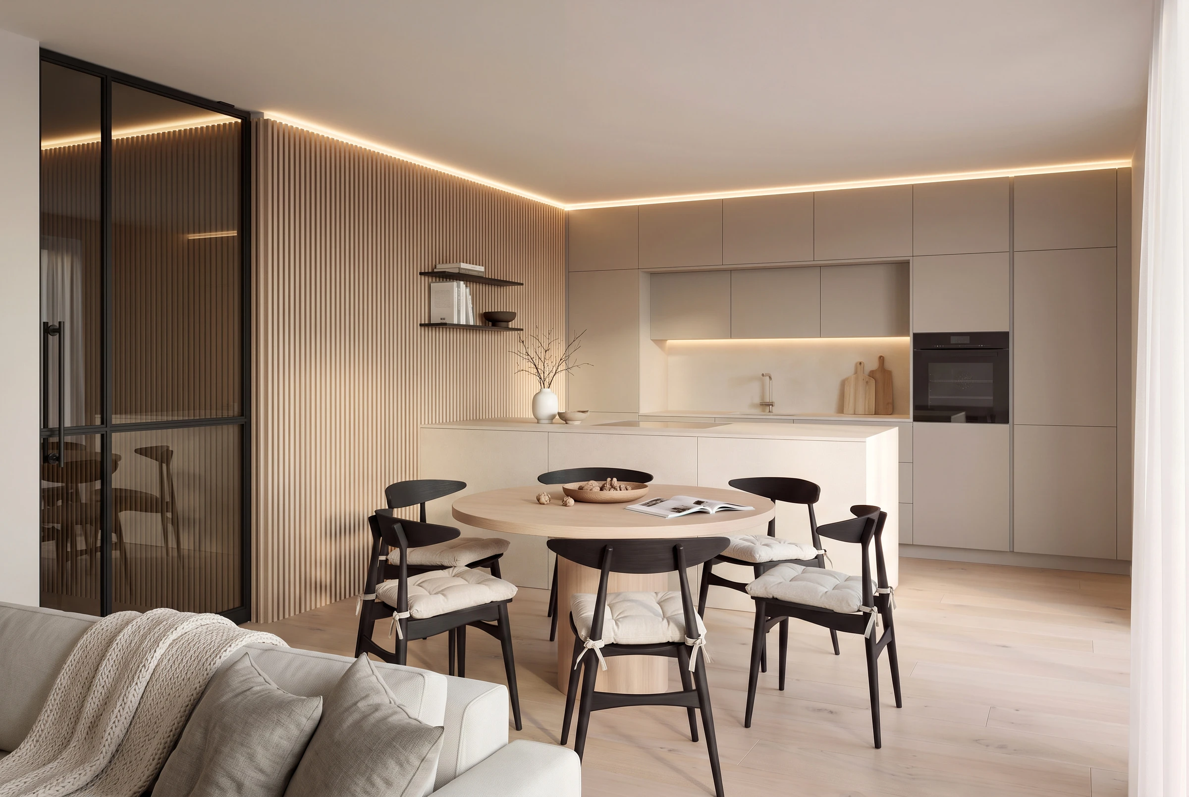 Interior Rendering einer Wohnküche mit Kochinsel und angrenzendem Essplatz