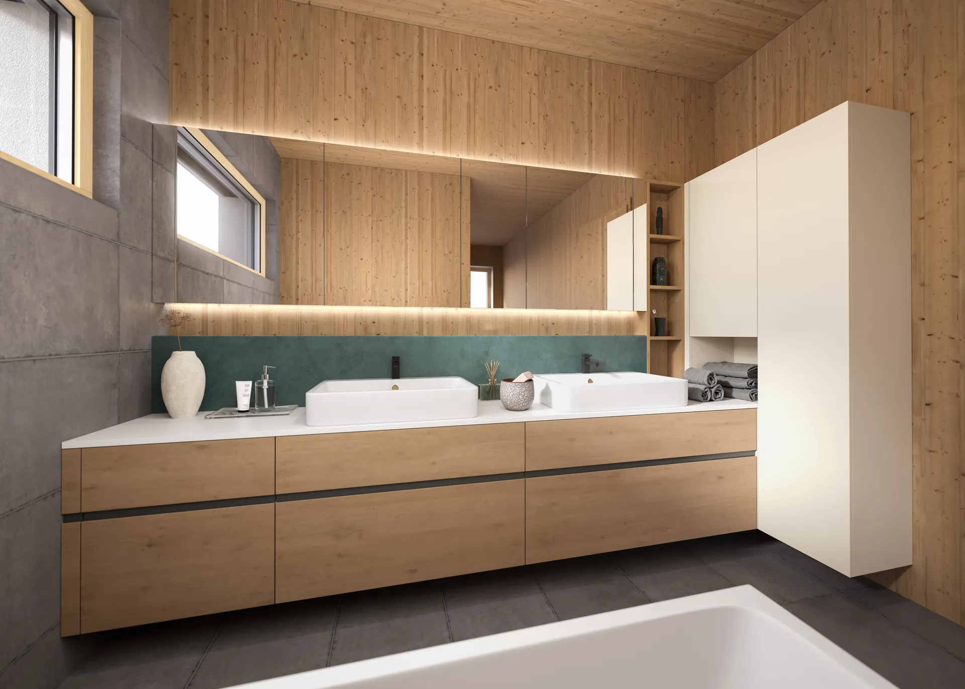 Badvisualisierung für Sanitärstudios — Doppelwaschtisch aus Massivholz als fotorealistisches Rendering