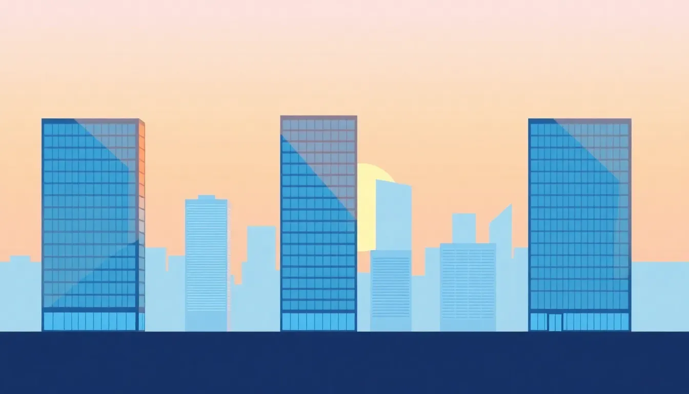Bürovisualisierung für Bauträger — stilisierte Skyline moderner Bürogebäude als Symbolbild