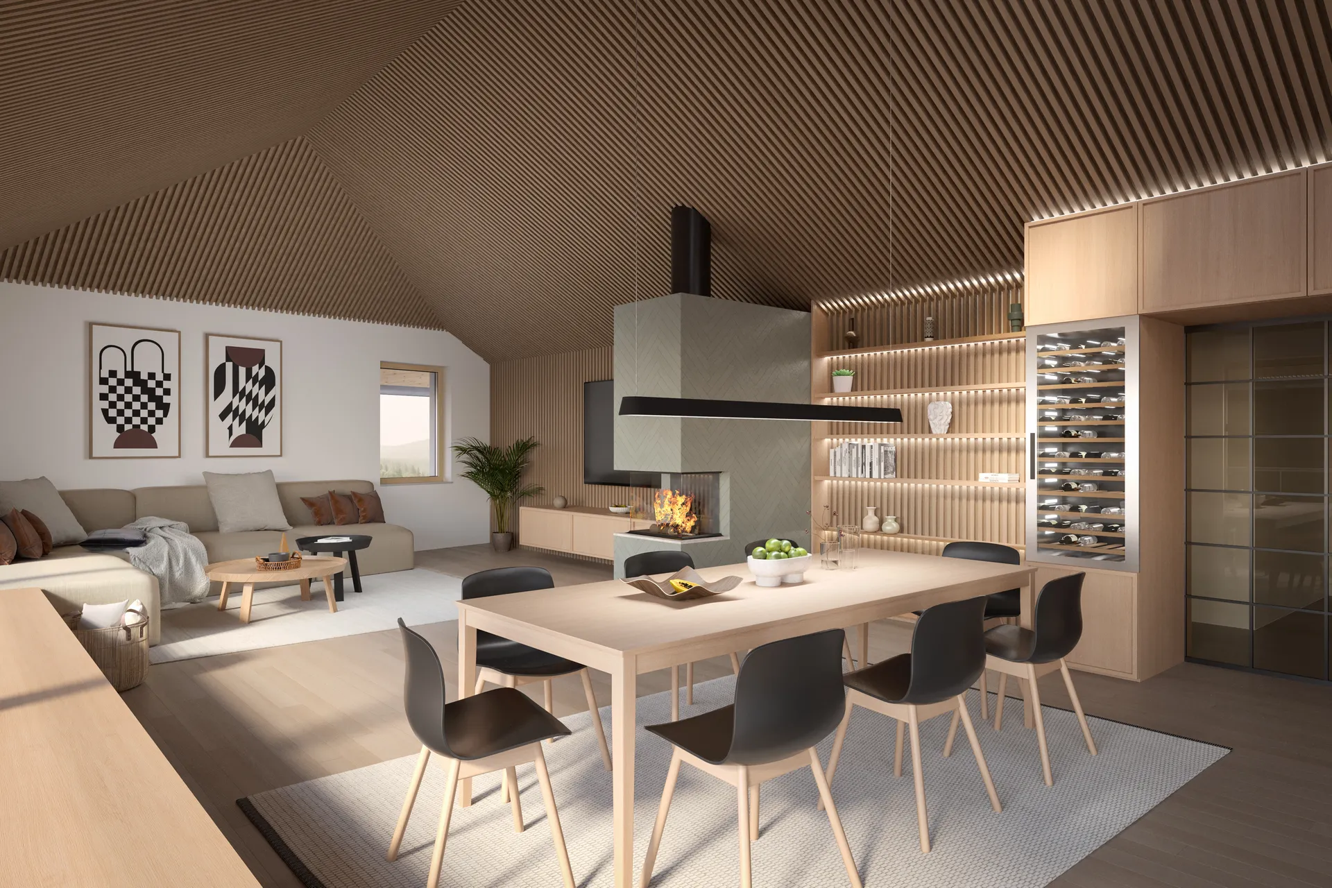 Innenraumvisualisierung Kosten — fotorealistisches Rendering eines offenen Wohn-Essbereichs mit Holzdecke und Kamin